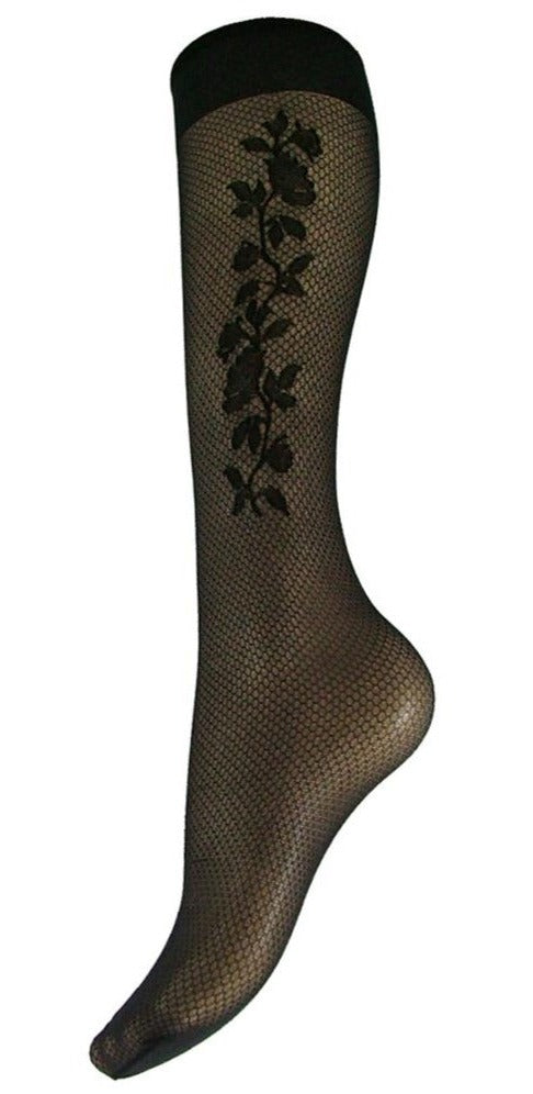 Omsa 3097 Tearose Gambaletto - black enclosed fishnet popsock/knee-high fashion sock with rose flower tattoo motif
