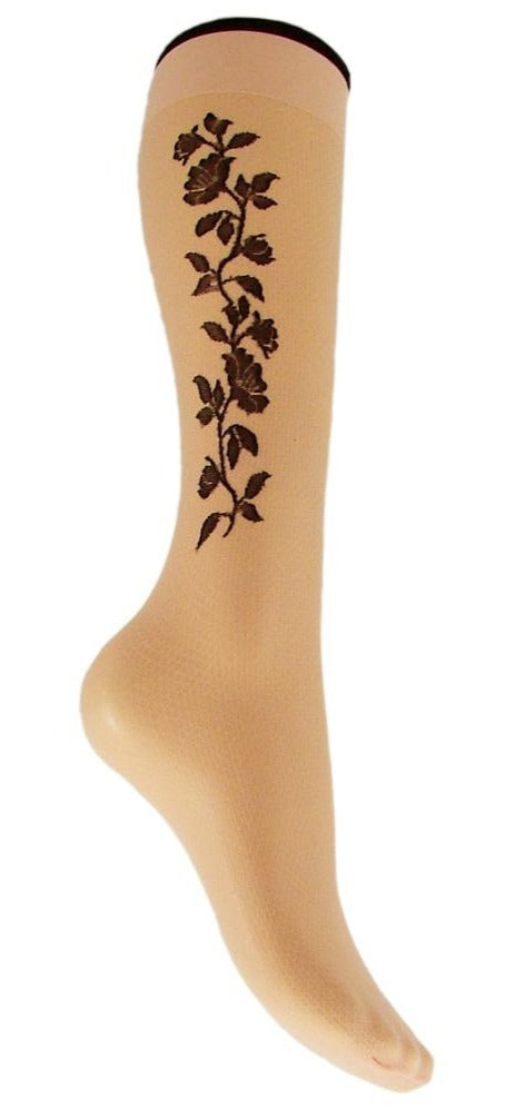 Omsa 3097 Tearose Gambaletto - pale pink/peach enclosed fishnet popsock/knee-high fashion sock with black rose flower tattoo motif