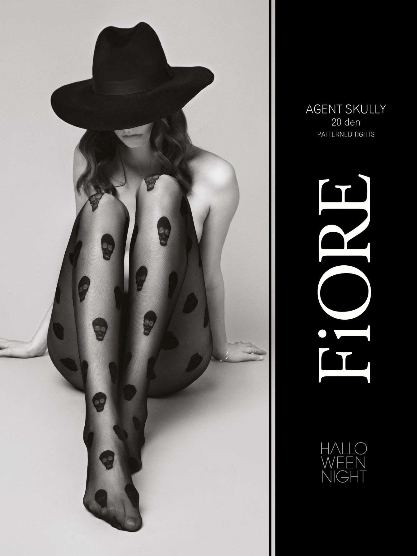 Fiore Agent Skully Tights - Sheer black fashion tights with an all over skull pattern, perfect for Halloween.