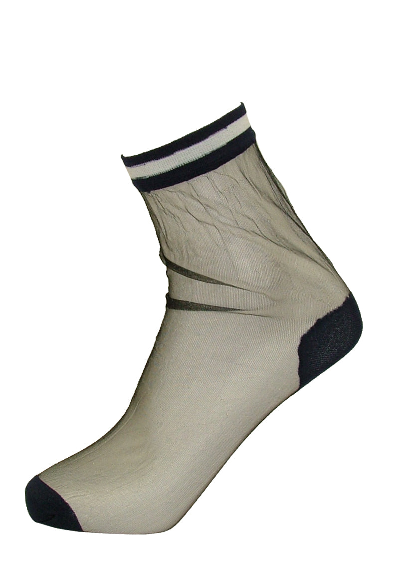 Trasparenze Camellia Calzino - sheer black voile fashion ankle socks with a navy and white sports stripe cuff