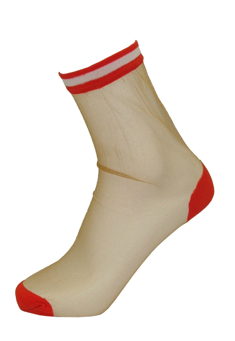 Trasparenze Camellia Calzino - sheer nude tan voile fashion ankle socks with a red and white sports stripe cuff