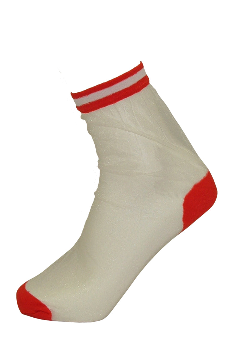 Trasparenze Camellia Calzino - sheer white voile fashion ankle socks with a red and white sports stripe cuff