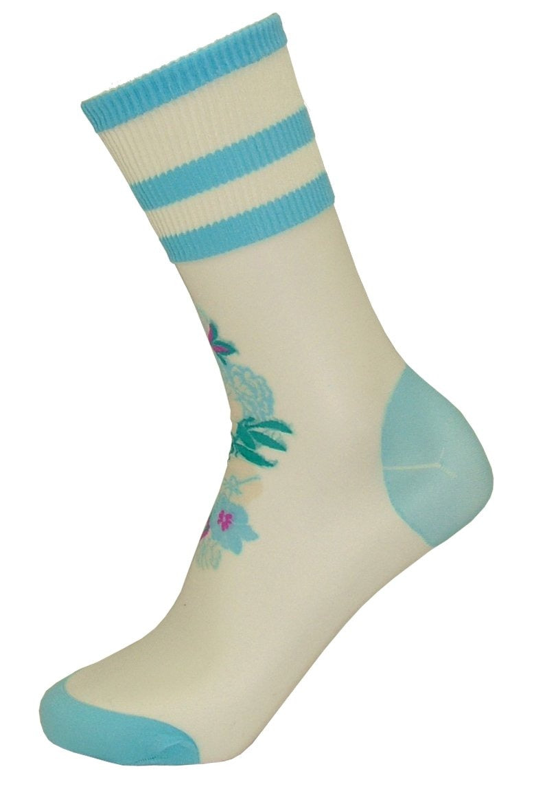 Trasparenze Guava Calzino - sheer off white fashion ankle socks with flower motif and sports stripe cuff in light turquoise blue