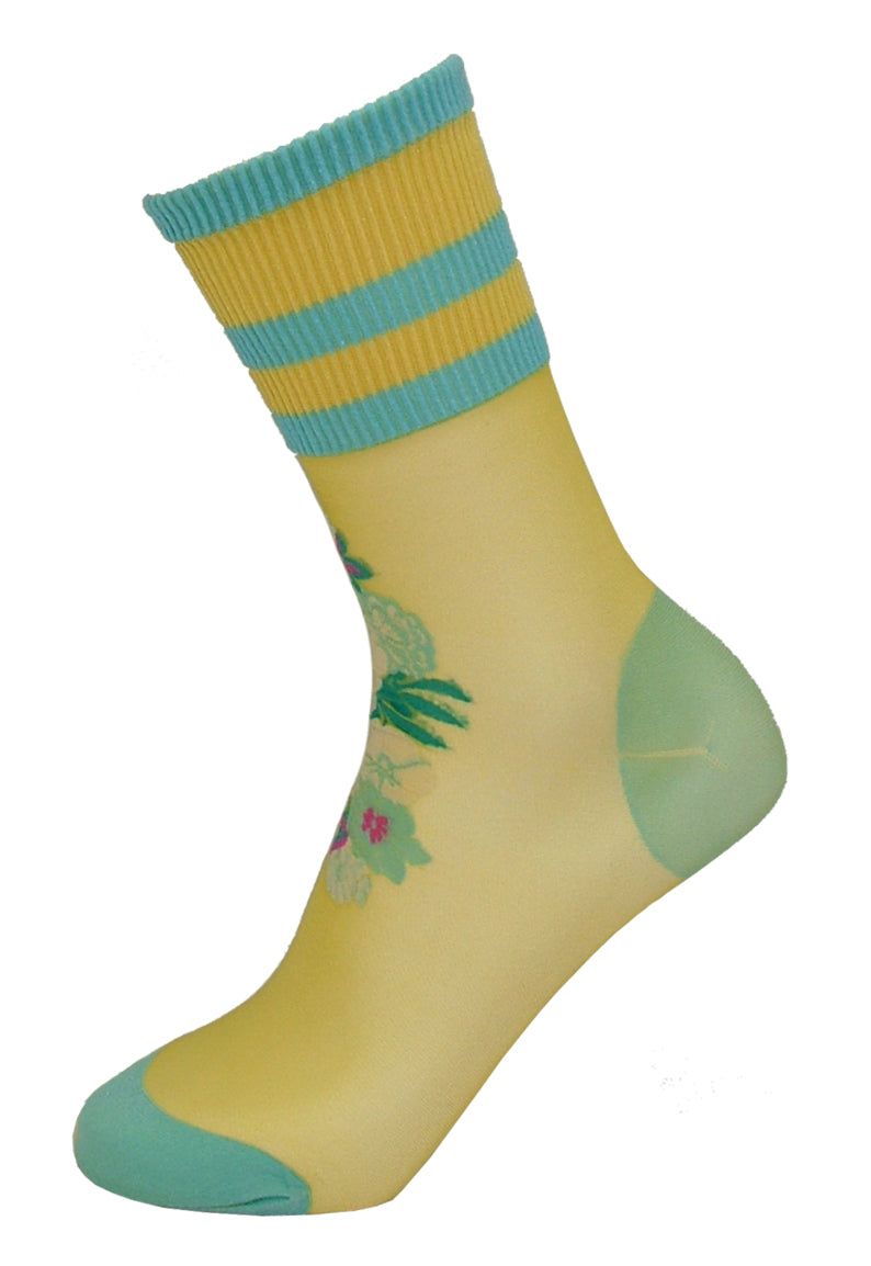 Trasparenze Guava Calzino - sheer yellow fashion ankle socks with flower motif and sports stripe cuff in light turquoise blue