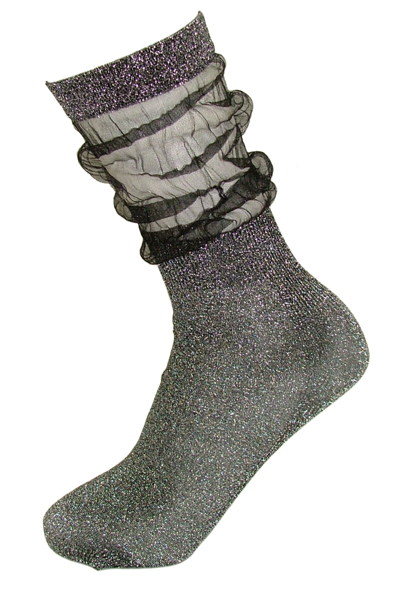 Trasparenze Lavender Calzino - black fashion socks with silver sparkly lam̩ and sheer tulle style scrunch cuff