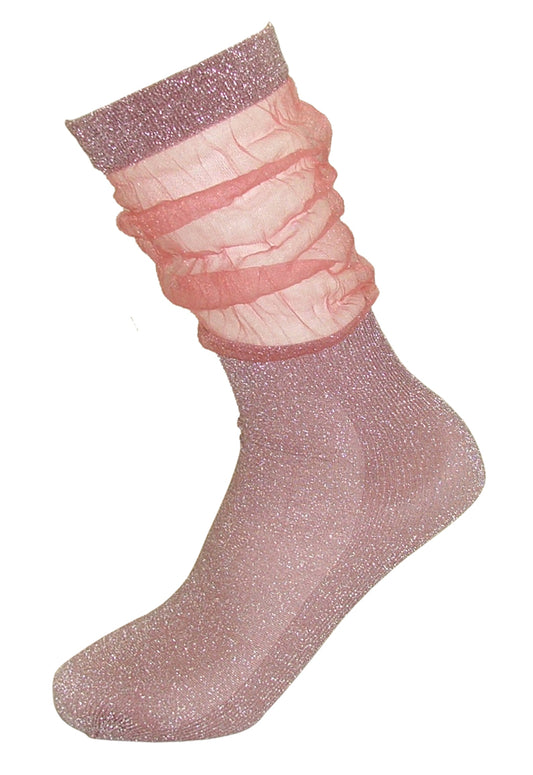 Trasparenze Lavender Calzino - pale dusty pink fashion socks with silver sparkly lam̩ and sheer tulle style scrunch cuff