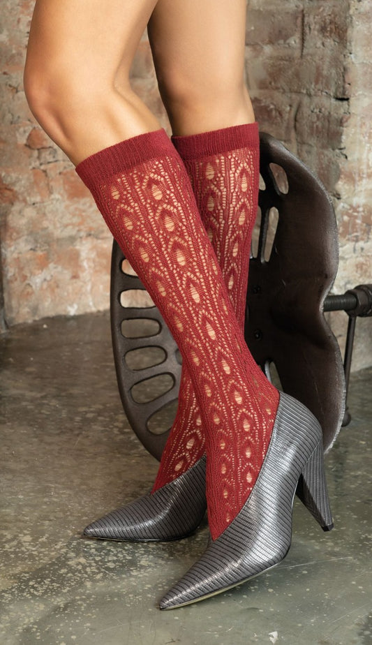Trasparenze Persuasion Collant - Dark red soft crochet style knitted cotton fashion knee-high socks.