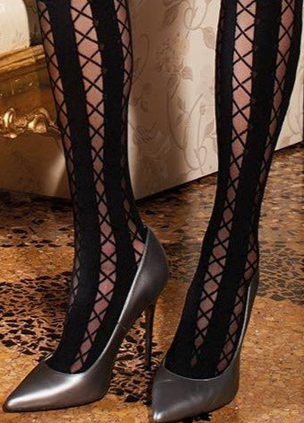 Trasparenze Ipparco Collant - Black fashion tights with sheer vertical stripe with a lace up effect criss-cross pattern.