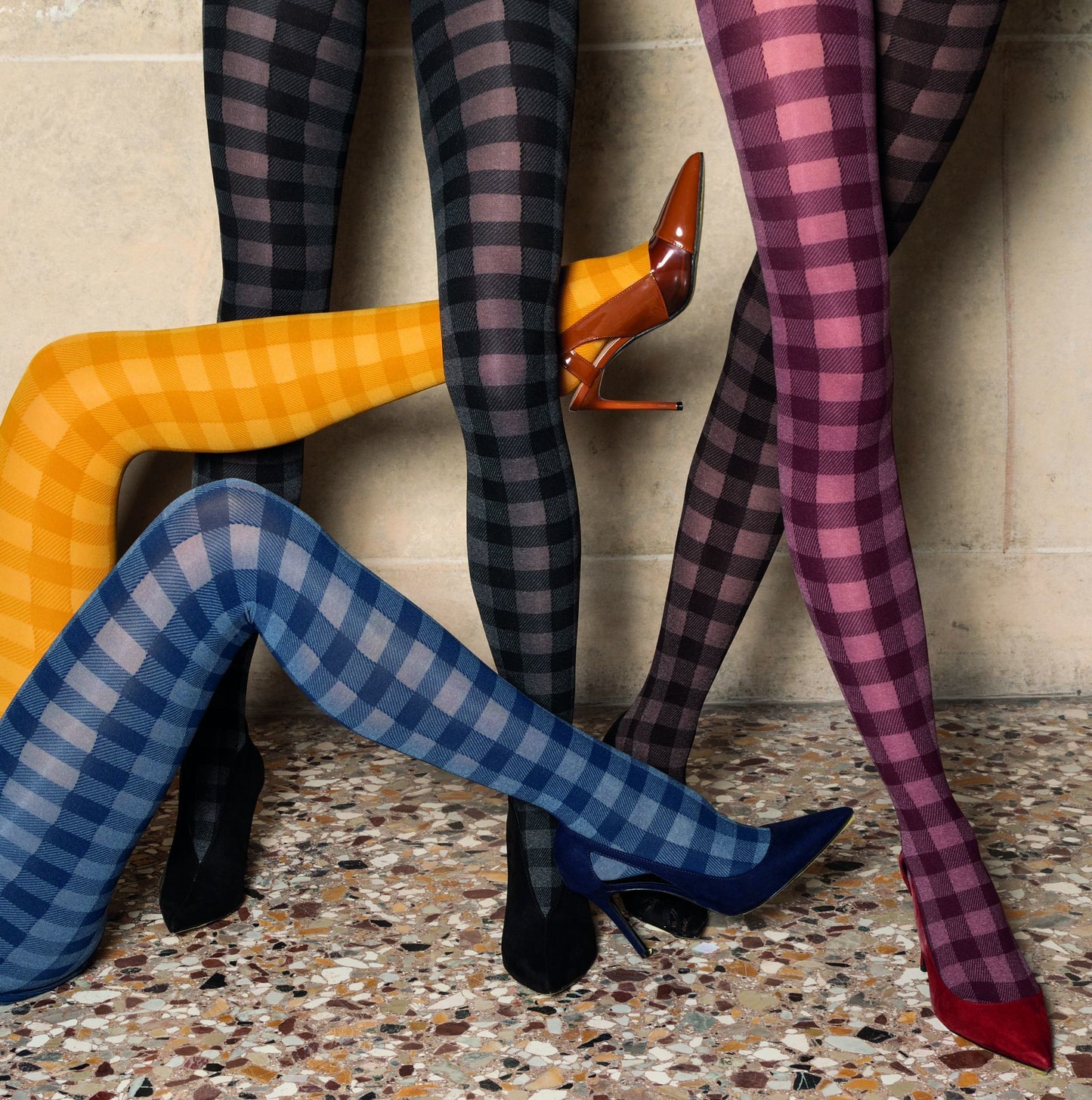 Trasparenze Vachiria Collant - Soft opaque fashion tights with a two tone square gingham style pattern. Available in mustard, blue/navy and grey/black