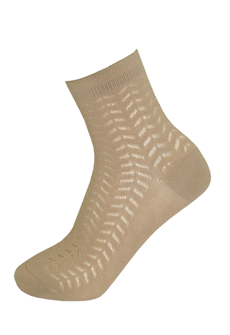 Ysabel Mora Crochet Leaf Sock - beige soft cotton ankle socks with an openwork crochet leaf style design, plain sole and roll top comfort cuff.
