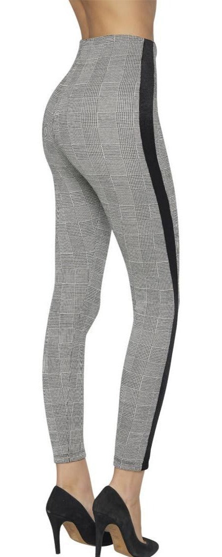 Ysabel mora 70241 Check Leggings - grey Prince of Wales tartan trouser leggings with a black velvet sports style side stripe