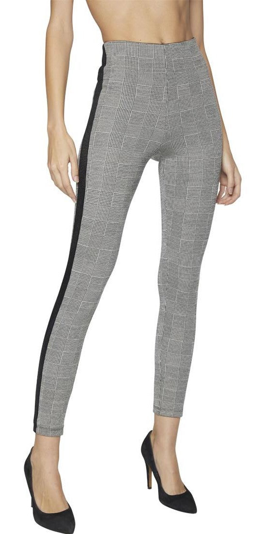 Ysabel mora 70241 Check Leggings - grey Prince of Wales tartan trouser leggings with a black velvet sports style side stripe