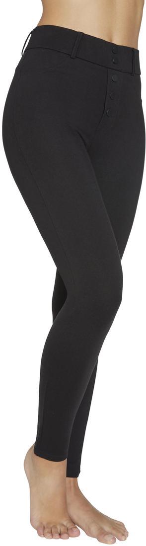 Ysabel Mora 70242 Push-Up Treggings - Black mid rise trouser leggings with that shape the legs right up to the waist. They have a black side zip closure, belt loops, back pockets, faux button up fly and front pocket stitching.