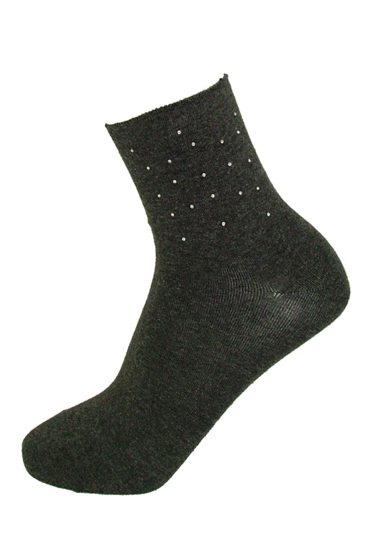 Ysabel Mora Diamant̩ Sock - Dark grey soft cotton ankle socks with small diamant̩ jewels dotted around the ankle and roll top comfort cuff.