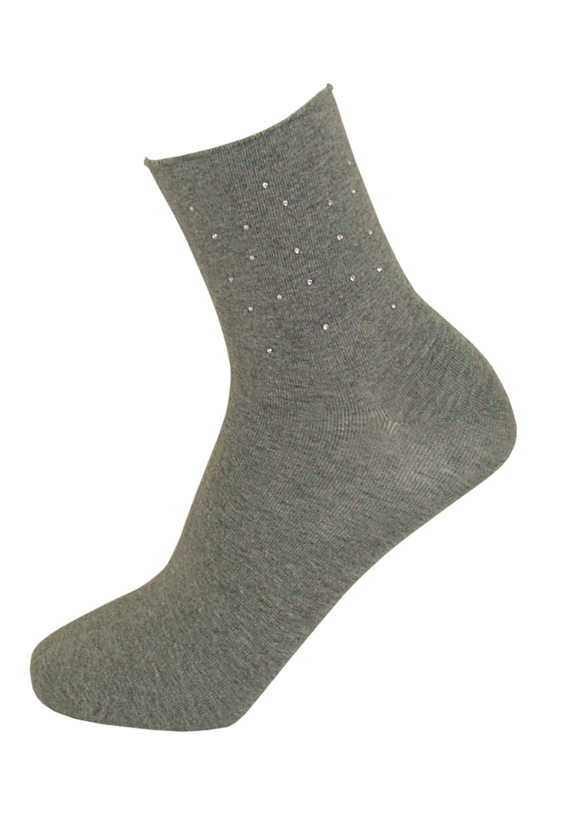 Ysabel Mora Diamant̩ Sock - Light grey soft cotton ankle socks with small diamant̩ jewels dotted around the ankle and roll top comfort cuff.