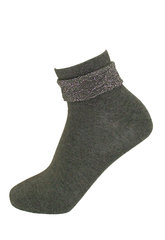 Ysabel Mora 12617 - grey cotton ankle socks with a lam̩ glitter frill cuff