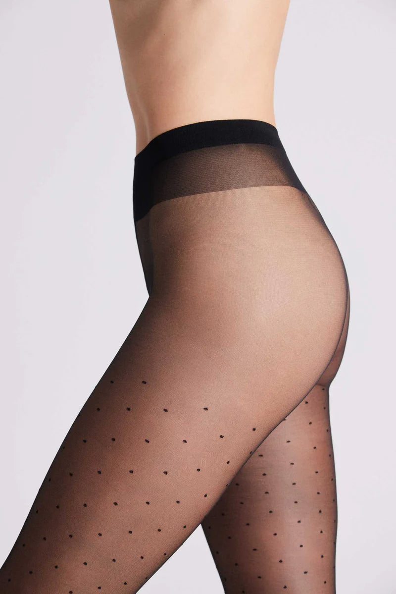 Ysabel Mora sheer black polka dot spot patterned tights with comfort waist band