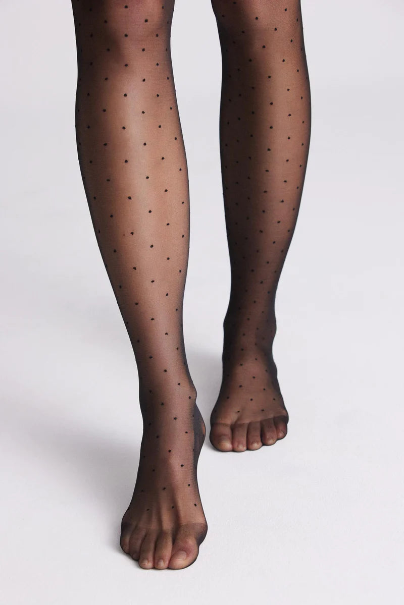 Ysabel Mora sheer black polka dot spot patterned tights with sheer reinforced toe.