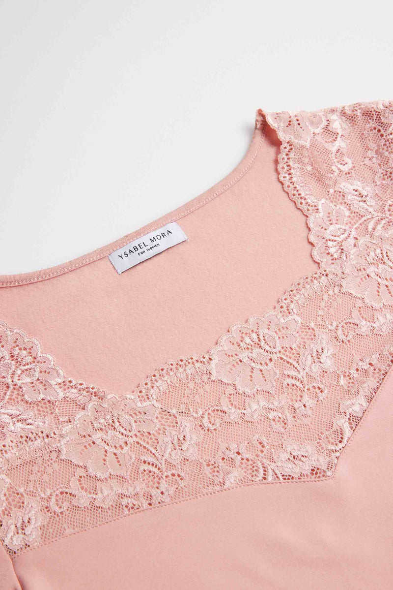 Ysabel Mora 70005 Thermal Lace Top - Pale rose pink soft and warm fleece lined long sleeved vest with floral lace trim and cuffs.