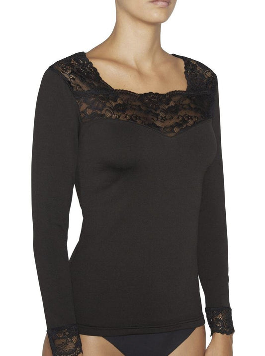 Ysabel Mora 70005 Thermal Lace Top - Black soft and warm fleece lined long sleeved vest with floral lace trim and cuffs.