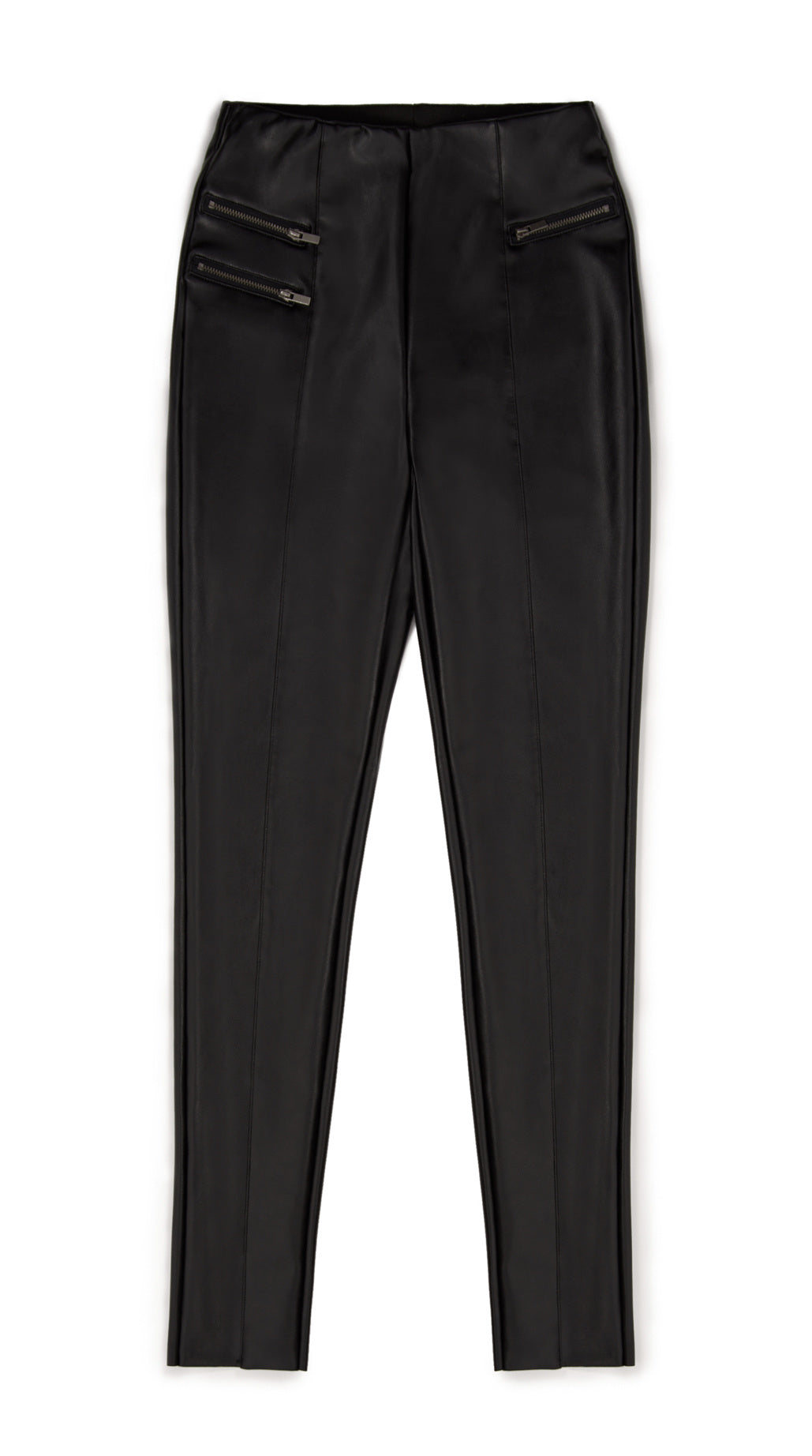 Ysabel Mora 70163 Faux Leather Leggings - Black high rise leather look fleece lined thermal leggings with centre seam down the front of the legs, 2 zips on one side and 1 on the other and darts at the back to ensure a snug fit.