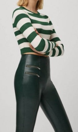 Ysabel Mora 70163 Faux Leather Leggings - Dark bottle green high rise leather look fleece lined thermal leggings with centre seam down the front of the legs, 2 zips on one side and 1 on the other and darts at the back to ensure a snug fit.