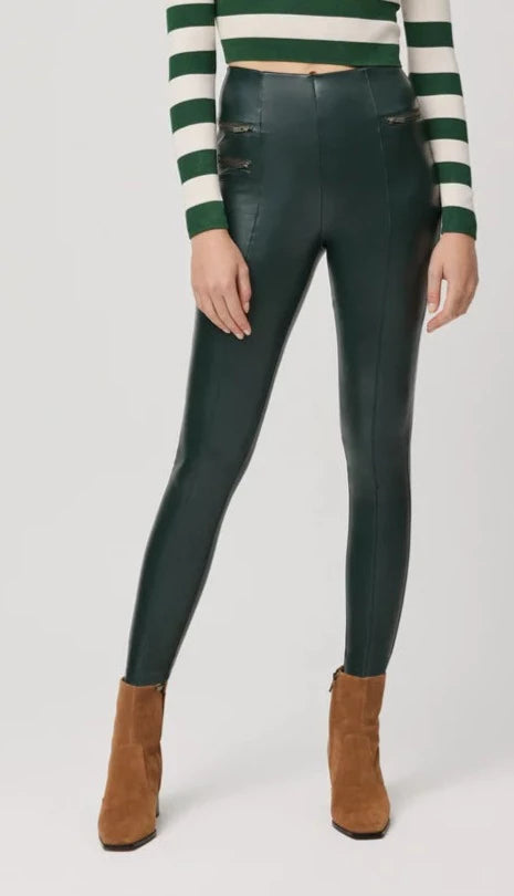 Ysabel Mora 70163 Faux Leather Leggings - Dark bottle green high rise leather look fleece lined thermal leggings with centre seam down the front of the legs, 2 zips on one side and 1 on the other and darts at the back to ensure a snug fit.