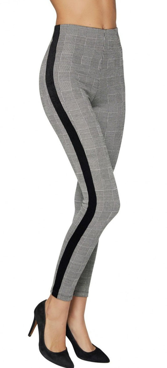 Ysabel mora 70241 Check Leggings - grey Prince of Wales tartan trouser leggings with a black velvet sports style side stripe