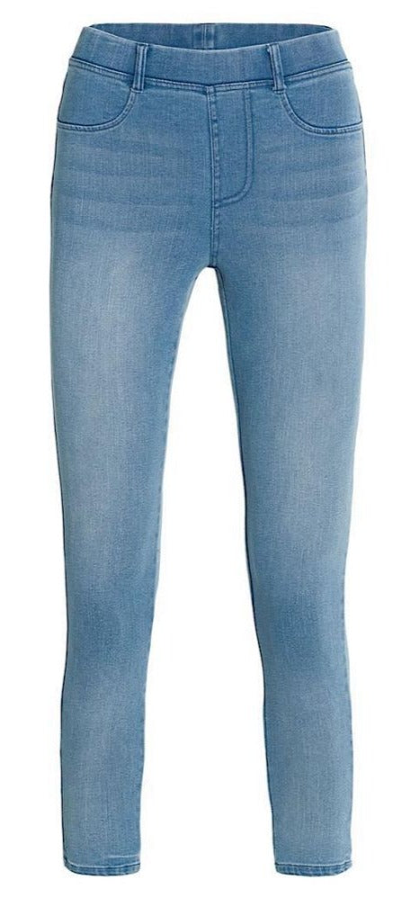 Ysabel Mora 70282 Bow Jeggings - Light denim blue mid rise stretch denim leggings with an open slit cuff to the back with a denim bow, rear pockets, belt loops and faux front pocket and fly stitching.