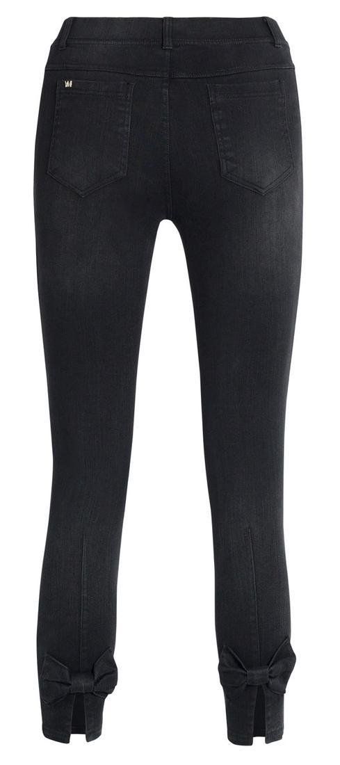 Ysabel Mora 70282 Bow Jeggings - Black mid rise stretch denim leggings with an open slit cuff to the back with a denim bow, rear pockets, belt loops and faux front pocket and fly stitching.