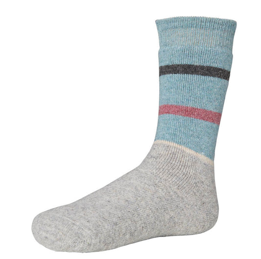 Ysabel Mora 12721 Angora Striped Sock - Warm and cozy thick knitted socks with a touch of wool and angora in mint grey, light grey with a pink, dark grey and cream stripes.