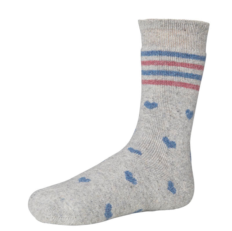 Ysabel Mora 12721 Hearts Angora Sock - Warm and cozy thick fleck knitted light grey socks with a touch of wool and angora and a blue heart pattern and pink and blue striped cuff.
